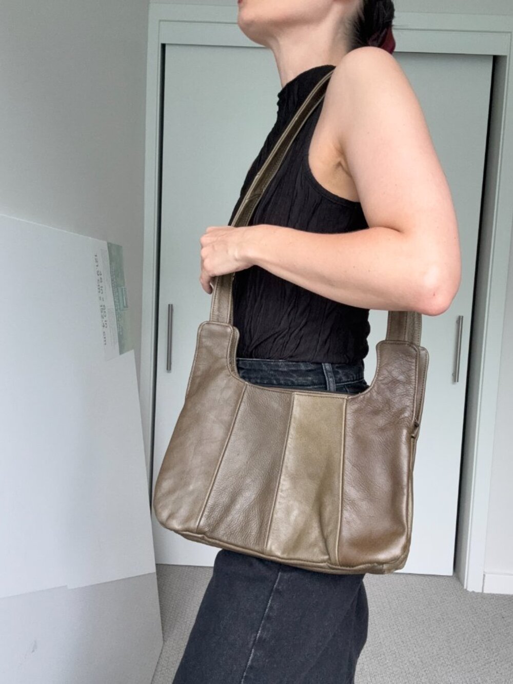 Genuine Leather Multi-Compartment Olive/Taupe Shoulder Bag